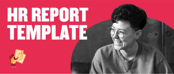 HR report template featuring a smiling individual wearing glasses, set against a vibrant pink background. , HRReportTemplate, SmilingIndividual